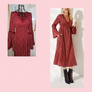SUZANNE BETRO "RUST FLORAL LACE TRIM~MIDI DRESS~V-NECK~BELL SLEEVES~X-LARGE